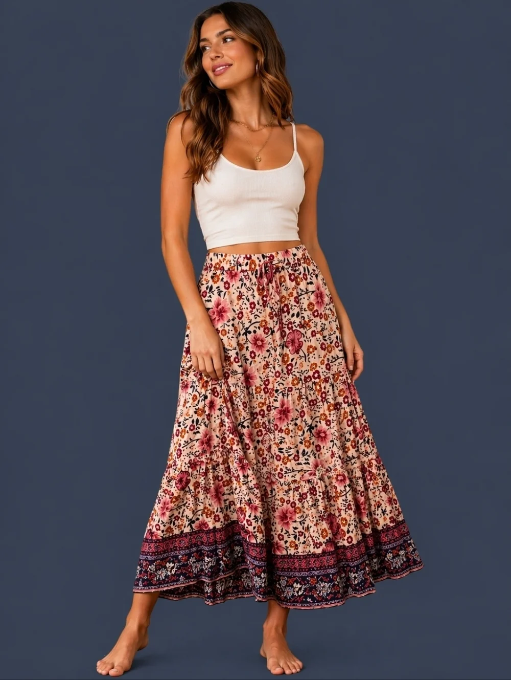 R. VIVIMOS Pink Floral Elastic Waist Boho Festival Skirt